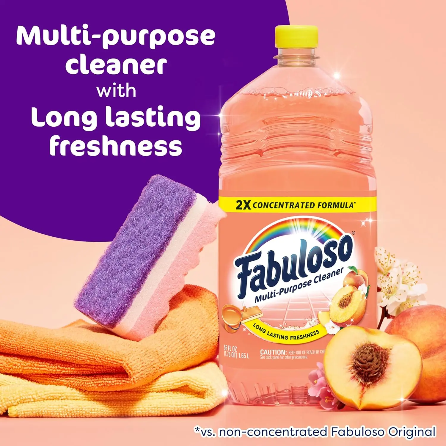 Fabuloso 2X Multi-Purpose All-Purpose Cleaner - No-Rinse Floor Cleaner, Long-Lasting Freshness, Peach Scent, 56 fl oz
