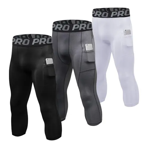 PRO Men's 3-Pack High Waist 3/4 Capri Compression Leggings - Quick Dry Sport Tights with Letter Tape Pocket for Weight Training, Biking, Running Gym Activewear