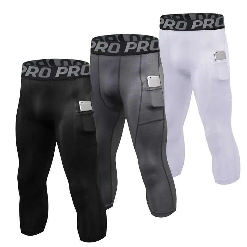 PRO Men's 3-Pack High Waist 3/4 Capri Compression Leggings - Quick Dry Sport Tights with Letter Tape Pocket for Weight Training, Biking, Running Gym Activewear