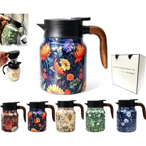 Vintage Floral Pattern Teapot with Infuser for Loose Tea, Stainless Steel Thermal Carafe with Lid for Hot Drinks (Orange, Wooden handle)