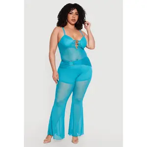 Plus Size O Ring Belted Front Mesh Flare Leg Pants