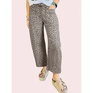 Women's Khaki Leopard Print Wide Leg Jeans with Drawstring Waist and Pockets for Everyday Wear