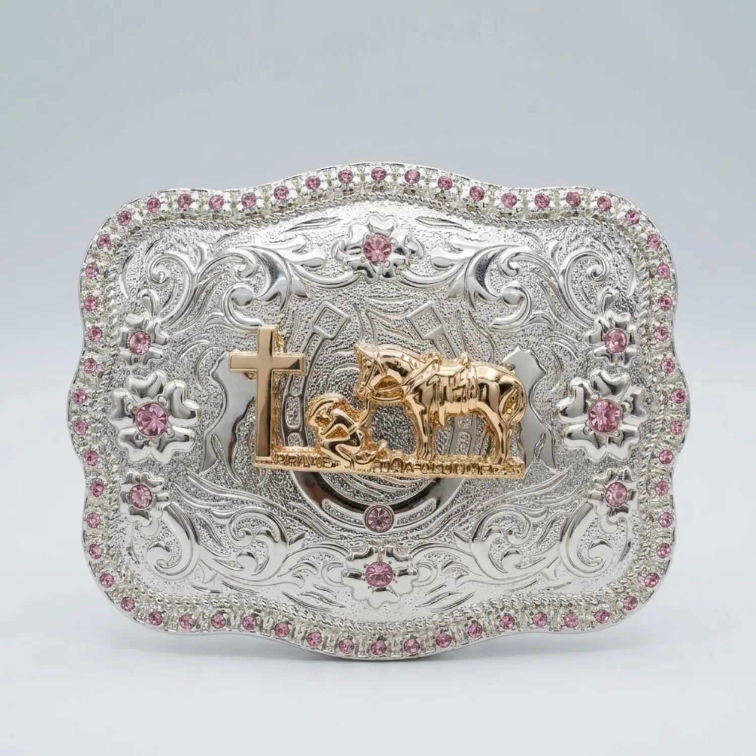 Western Praying Cowboy Belt Buckle for Adults - Pink Rhinestone, Silver & Gold Cross Horse, Floral Scroll Engraved, Casual Rodeo Accessories, Cowboy Stuff, 4.25x3.25" Buckle Only