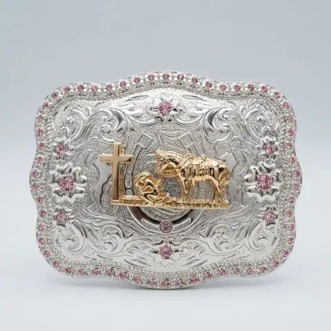 Adult Western Praying Cowboy Belt Buckle - Zinc Alloy, Pink Rhinestone Decorated, Silver-Gold Cross & Horse, Floral Scroll Engraved, Rustic Charm Western Pattern, Casual Rodeo Accessory, 4.25x3.25in Buckle Only, Pink Rhinestone Decorated Men's Belts