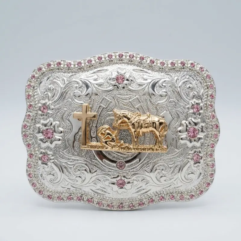 Adult Western Praying Cowboy Belt Buckle - Zinc Alloy, Pink Rhinestone Decorated, Silver-Gold Cross & Horse, Floral Scroll Engraved, Rustic Charm Western Pattern, Casual Rodeo Accessory, 4.25x3.25in Buckle Only, Pink Rhinestone Decorated Men's Belts