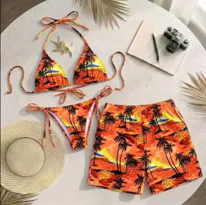 [Hot Summer 2026] - Matching Couple Beach Outfit Set – Sunset Tropical Bikini & Men Swim Shorts, Summer 2026 Vacation Look