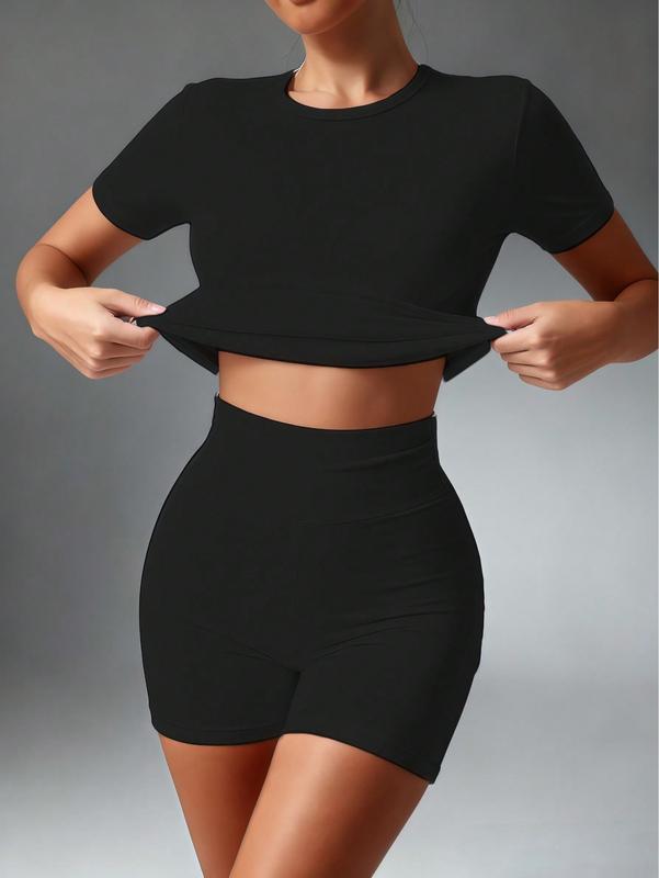 2 Piece Set Of Women's Solid Color Round Neck T-Shirt, High Waisted Cycling Shorts Sports Suit, Tight Short