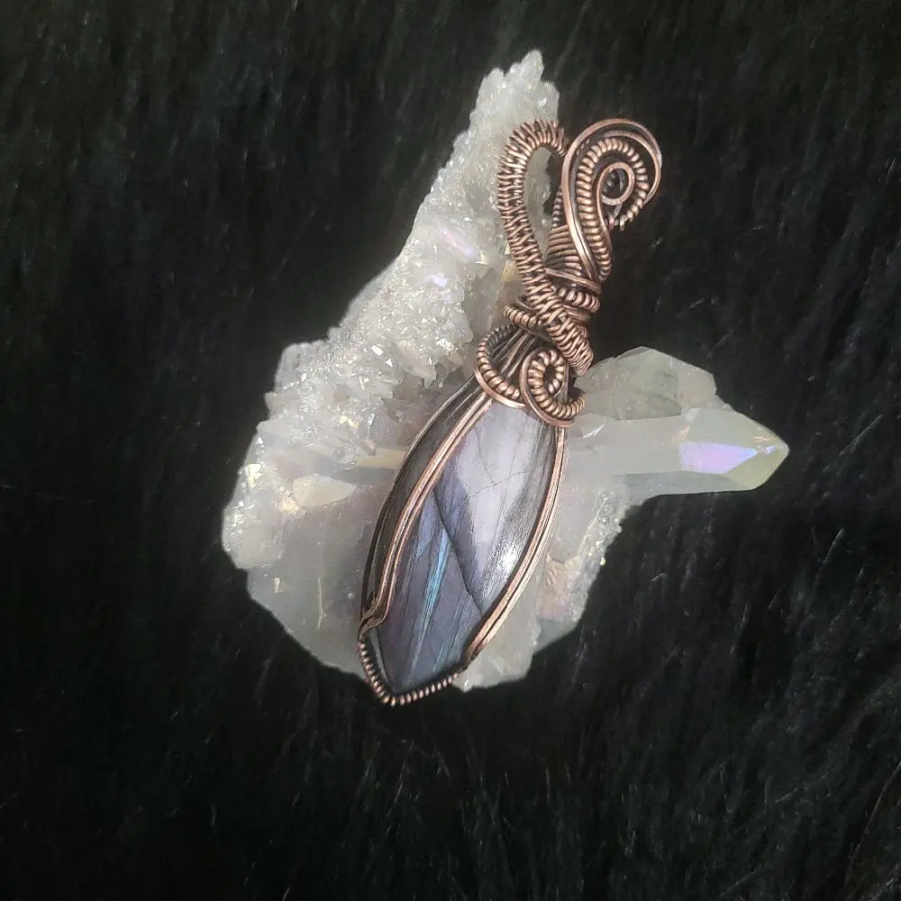 Burple Purple/Blue Flashing Labradorite Wrapped in Copper Swirls - Unique Jewelry Piece