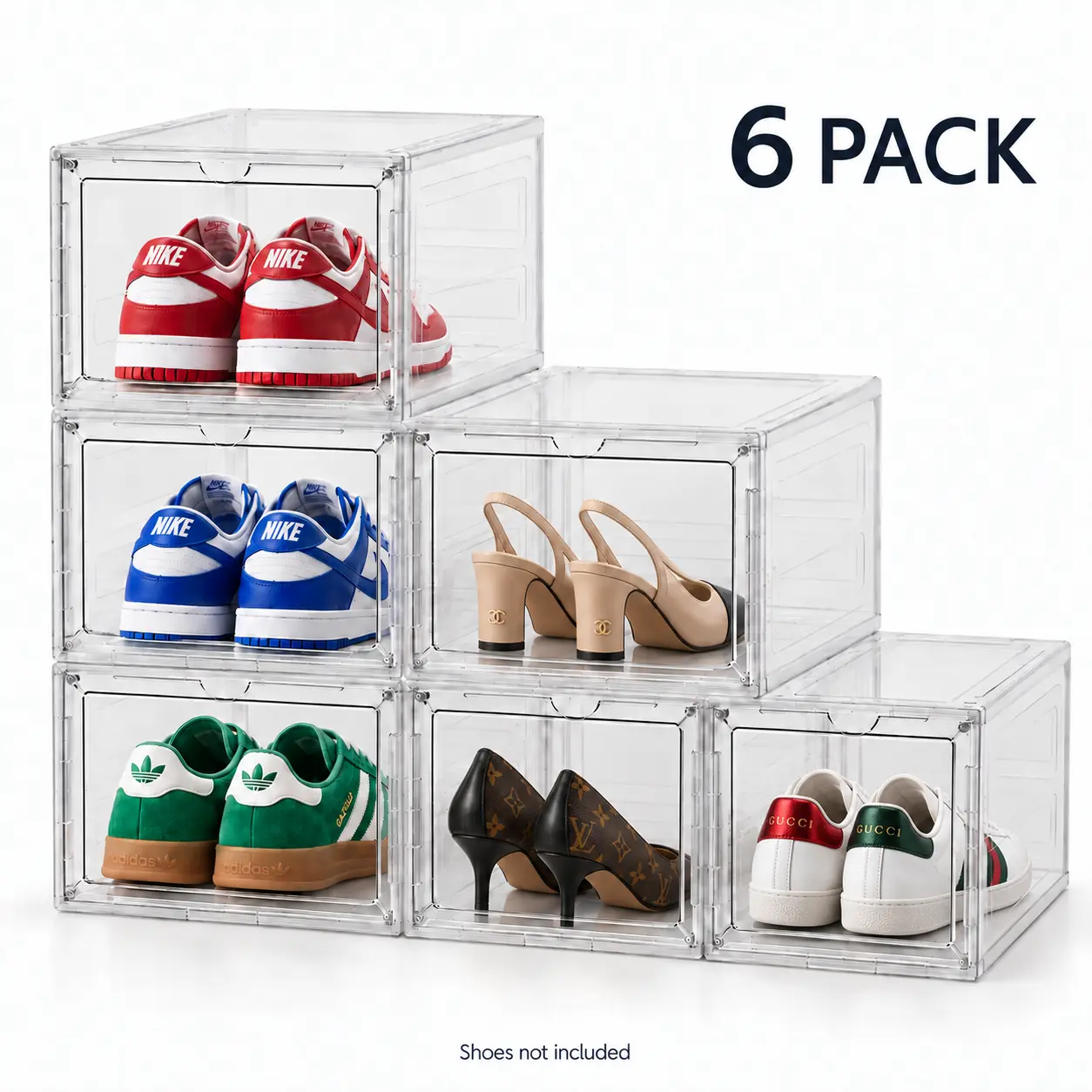 6-Pack Stackable Plastic Shoe Boxes with Magnetic Door - Anti-Slip Pegs, 13.46"x10.55"x7.48" 6-Pack Storage, Fast Find & Close Closet Organizer for Bedroom Office Storage, Shoes & More, Home Organizer Gift Idea