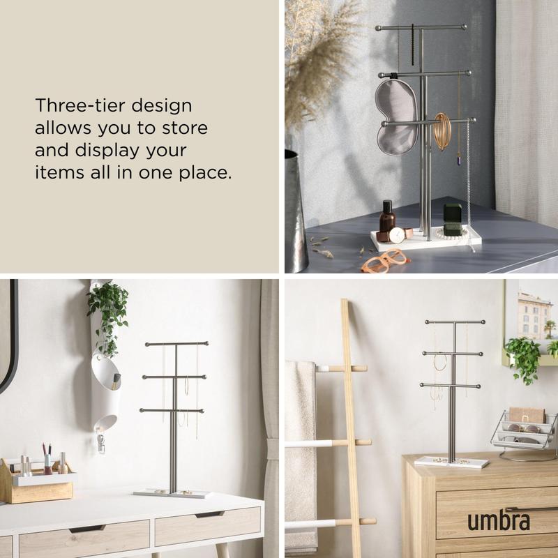 Trigem Jewelry Stand, 3-Tier Necklace Holder & Accessory Organizer with Tray Base, Modern Decor - Choose Your Finish Metal Racks Boxes
