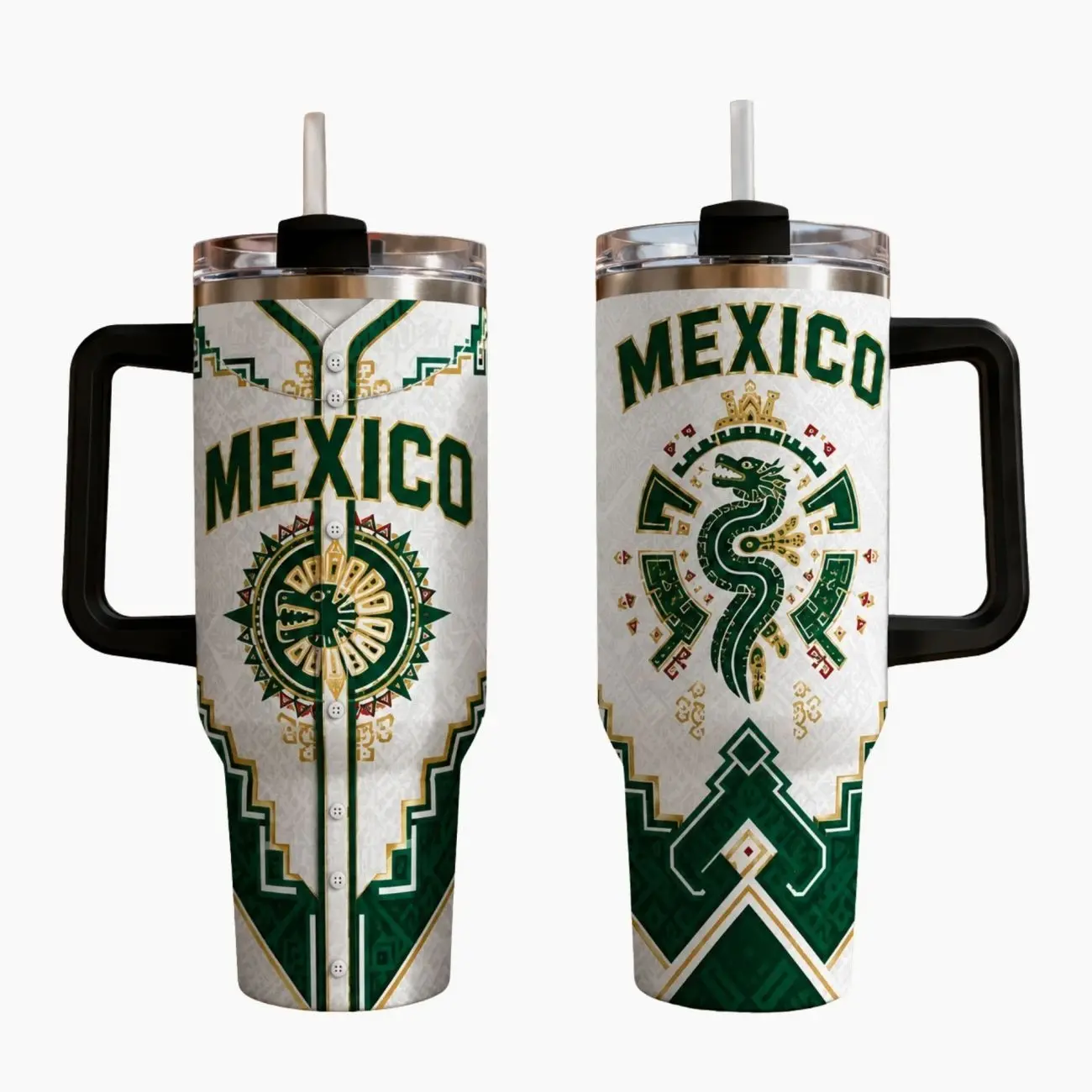 Stainless steel travel tumbler with handle (40oz capacity), Mexico jersey mug, Aztec serpent print, insulated cup, Mexican pride drinkware, fiesta gift, heritage coffee tumbler, Print - 24H Cold, 12H Hot, Proud Mexican Heritage Birthday Gift for Adults