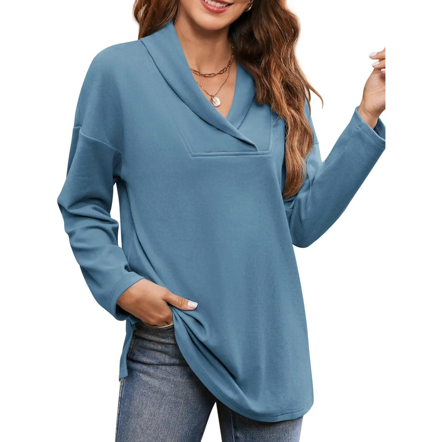 Lannew Women Polo Shirts Shawl Neck Long Sleeve Tops Tunic Tops to Wear with Leggings