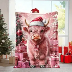 Highland Cow Christmas Throw Blanket Festive Flannel Quilted Digital Print Cozy All Season Multipurpose Blanket For Home Office Travel Nap Camping  Highland Cows With Santa Hats Pattern