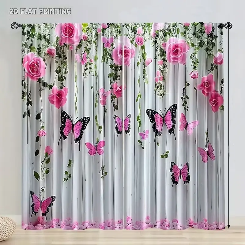Butterfly & Rose Curtain Set, 2-Piece Drapes, Ready Made Curtains, No Rod Needed, Easy Install Curtain, Outdoor Decor, Home Decoration Window Curtain, Bedroom Living Room Kitchen Study