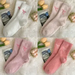 4 Pairs Random Color of Warm, Cozy, and Soft Socks with Double Bow Patterns Thick, Plush Solid-color Socks for Autumn and Winter Warmth Extra-thick Sleep and Loungewear Socks