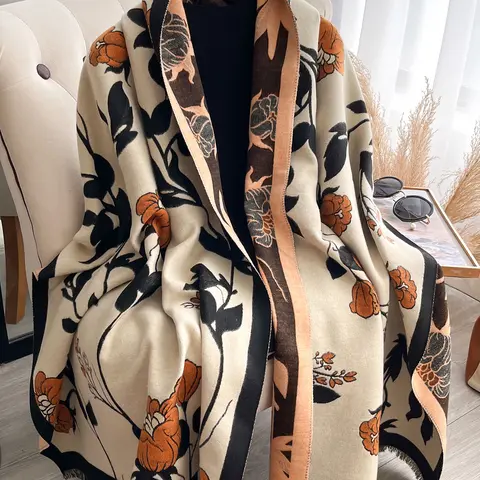 Women's Elegant Woven Scarf Shawl, Thicker Fall Winter Accessory, Fashionable Scarf, Chunky Scarf, Textured Blanket Scarf, Dual Color Plant Print Design, Floral Pattern Shawl, Perfect for Daily Wear & Air-Conditioned Rooms, Floral Print Scarf