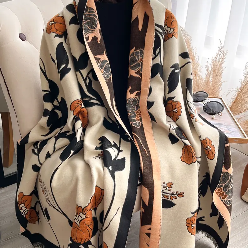 Women's Elegant Woven Scarf Shawl, Thicker Fall Winter Accessory, Fashionable Scarf, Chunky Scarf, Textured Blanket Scarf, Dual Color Plant Print Design, Floral Pattern Shawl, Perfect for Daily Wear & Air-Conditioned Rooms, Floral Print Scarf