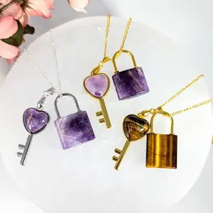 Amethyst Crystal Lock and Key Necklace 18 Gold Silver Crystal Lock and Key 18" Pendant Necklace #LV9866