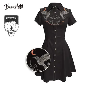 [Embroidery]Boozelele Embroidery Retro Bird Moon Plant  100% Cotton Buttondown Dress Womenswear Western Cowgirl  Casual Shortsleeve