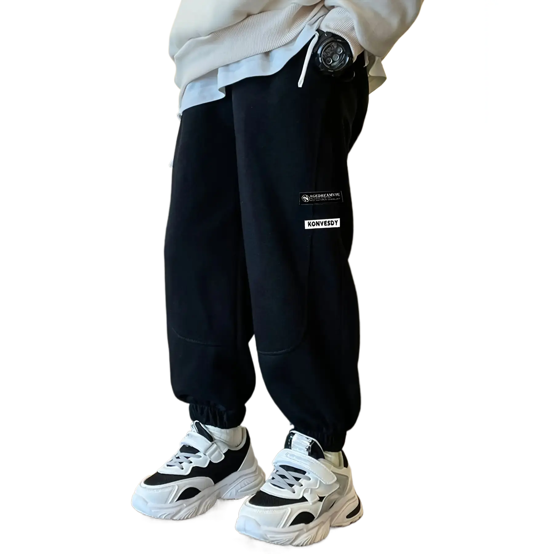 NewBoys' Casual Jogger Pants with Elastic Waistband & Drawstring - Gray with "KONVEST" Letter Print, White & Black Contrast Design, Perfect for Spring/Summer/Fall Outdoor Play, Spring Summer Pants |           Elastic Waistband Pants |           Polyester