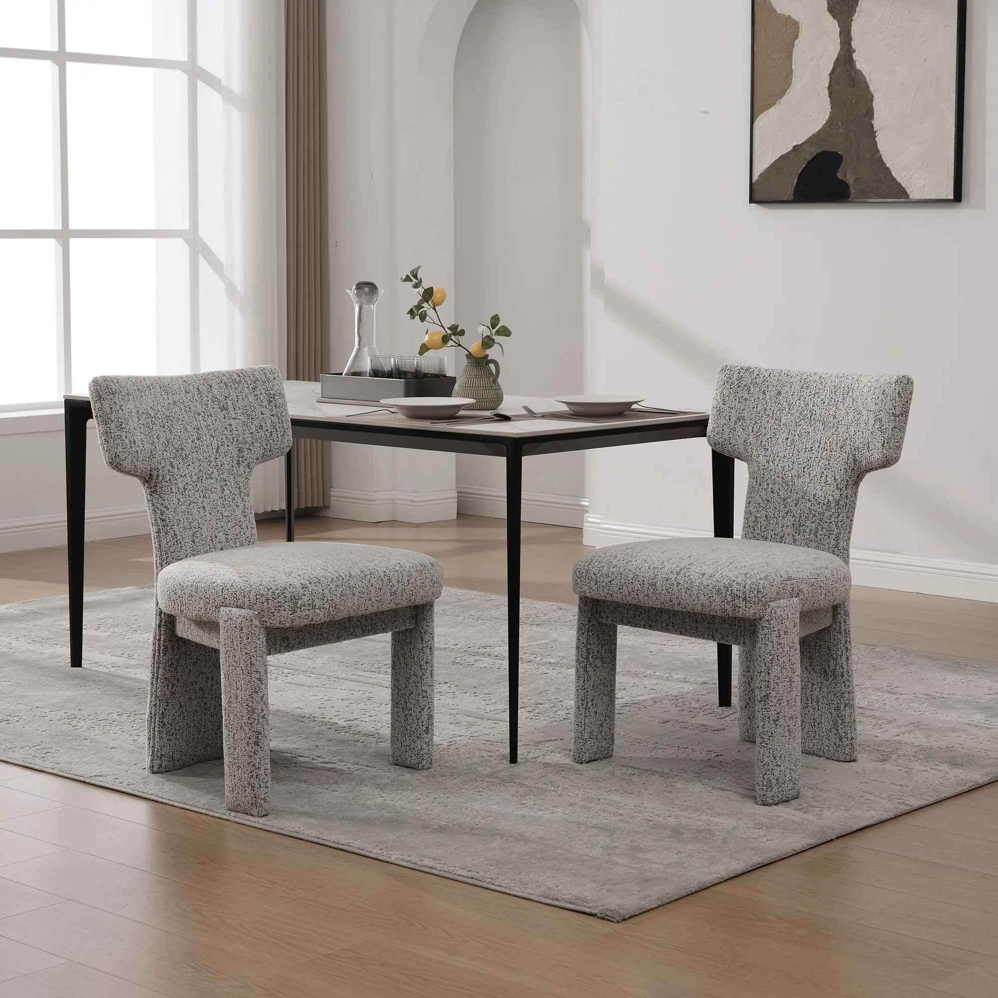 22.05 in Wide Modern Chenille Dining Chairs Set of 2, Armless Curved Back Accent Chairs with Rubberwood Legs, Soft Chenille Pad & Supportive Spring, Assembly Required for Living Room & Restaurant (White/Black/Beige)