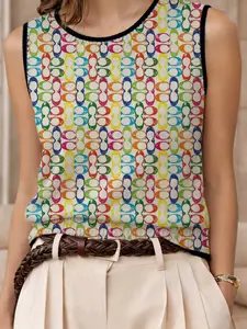 Women's Geometric Print Knitted Tank Top, Slim-Fitting Short Sleeve Crop Top, Bright Colors Embroidered Design Aesthetic, Casual Summer Wear