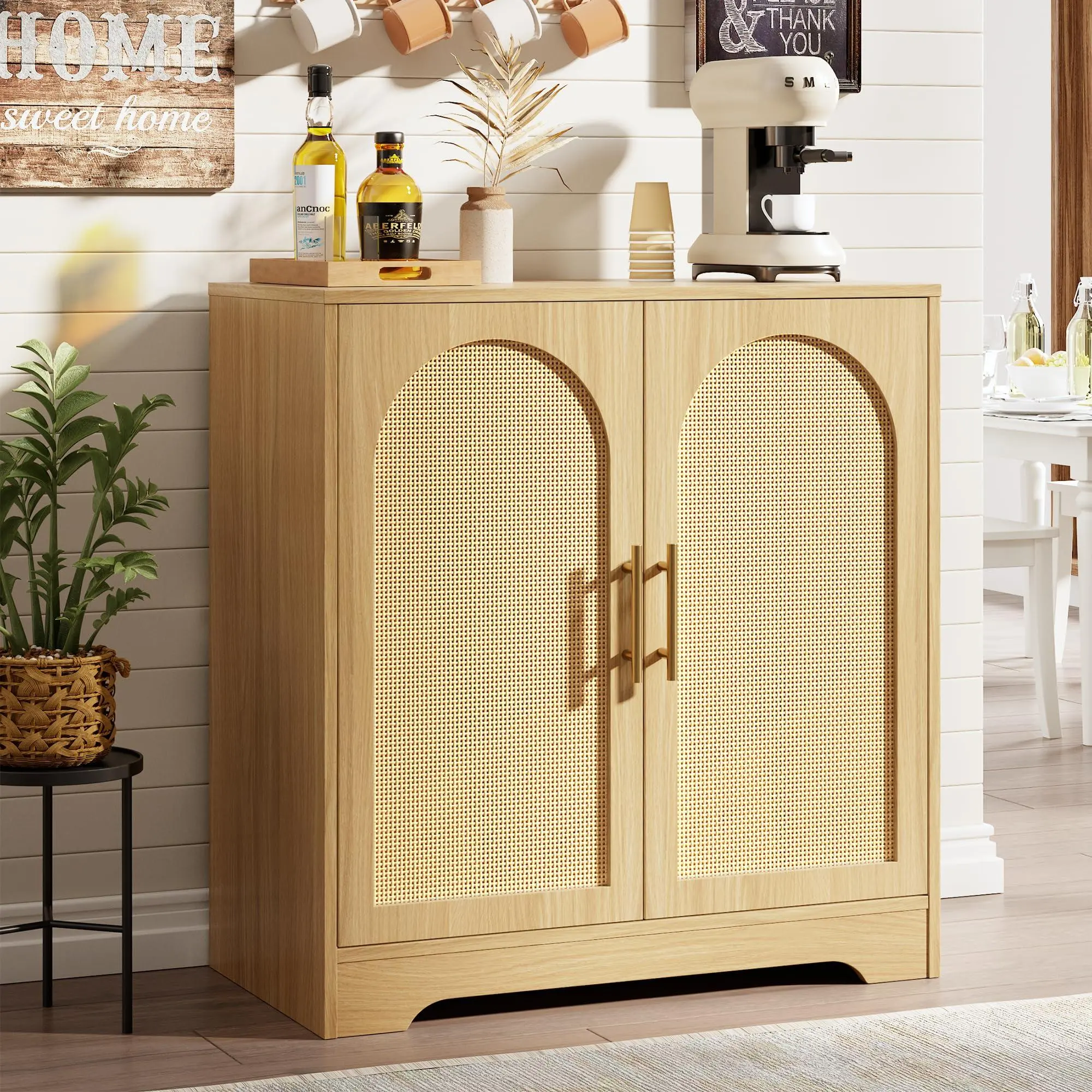 Garvee 30" Rattan Sideboard Buffet Cabinet - Large Storage Cabinet with 4 Doors, Modern Console Table Accent Coffee Bar Cabinet for Living Room, Kitchen, Hallway, Dining Room, Entryway, Natural