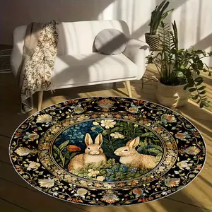 Round Rabbit & Floral Pattern Floor Mat, 1 Count Colorful Non-slip Washable Area Rug, Decorative Carpet for Home Living Room Bedroom, Boho Rugs
