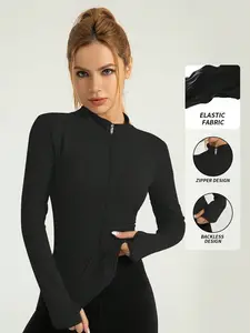 Women's Short Sleeve Sporty Jacket, Long Sleeve Slim Fit Outerwear, Zipper Design, Thumbholes, Ideal for Yoga and Sports