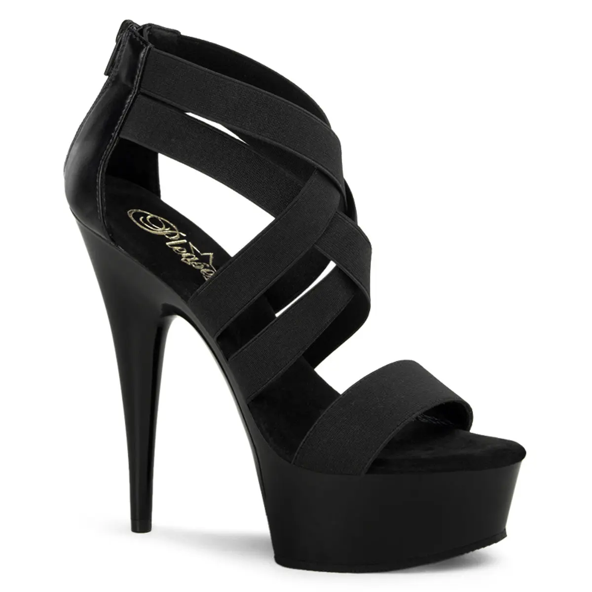 Women's Pleaser Elegant Sandals DELIGHT-669, 6-Inch Heel, Black Elastic Secure Crisscross Straps with Snug Strap Hold, Platform Sole, Back Zip, Heels For Women, Elastic Crisscross Straps