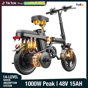 Summervibes Electric Folding Bicycle 500W Motor 14-Inch Tires 48V 15Ah Battery 30-Mile Range Certified Shock Absorption Smart Urban Bike 1000W Peak Power 45KM Range Foldable with 16-Level Shock Absorption System Commuter Ebike Suspension Ebike Brakes