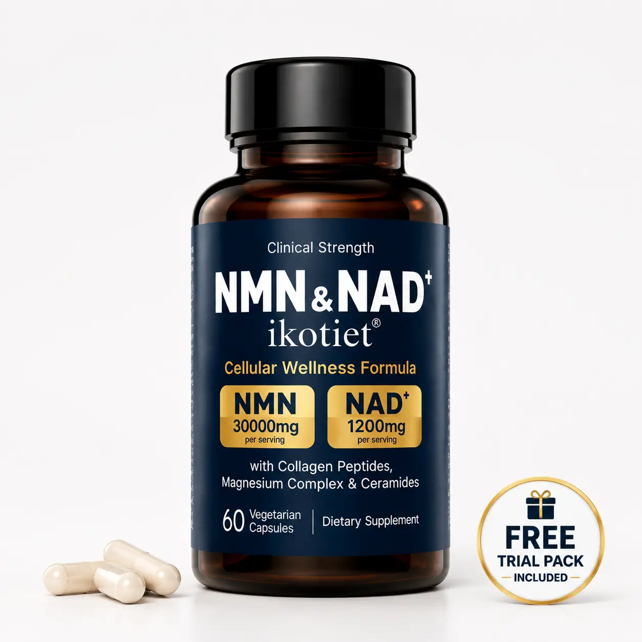 IKOTIET NMN & NAD+ Supplement Capsules, 30000mg NMN with NAD+ 1200mg, Cellular Wellness Formula with Collagen Peptides, Magnesium Complex & Ceramides, Daily Dietary Supplement for Women & Men, Vegan Gluten Free | 60 Capsules + FREE  Trial Pack