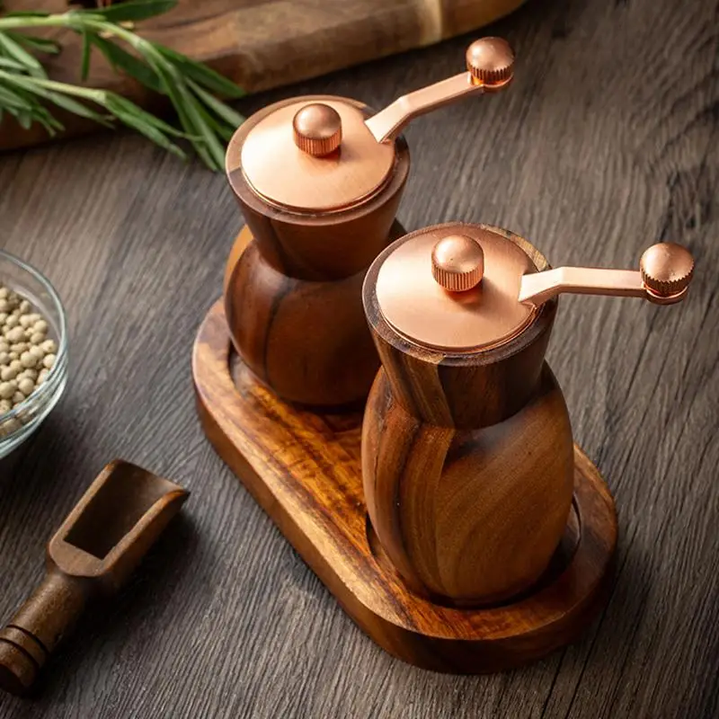 Wooden Manual Pepper Grinder, 1 Set Hand Crank Spice Grinder with Base, Refillable Salt & Pepper Mill With Adjustable Coarseness, Kitchen Seasoning Ut