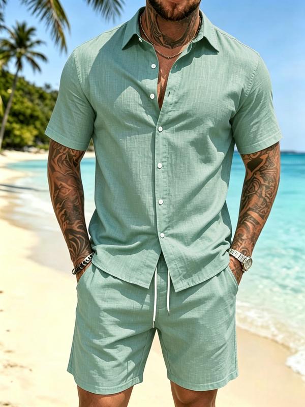 Men's Solid Color 2-Piece Summer Vacation Set - Button-Up Short-Sleeved Shirt & Casual Shorts, Suitable for Resorts & Travel