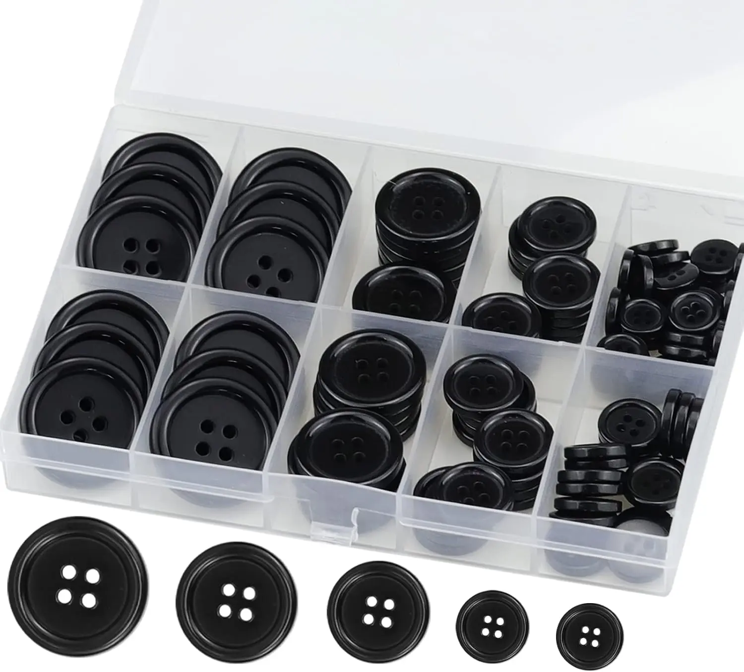 100 Pcs Premium Black Round Resin 4-Hole Sewing Buttons, 5 Sizes Button Set | Shatterproof, fade & scratch resistant buttons with storage box. Perfect for garments, DIY crafts, knitting and holiday decor