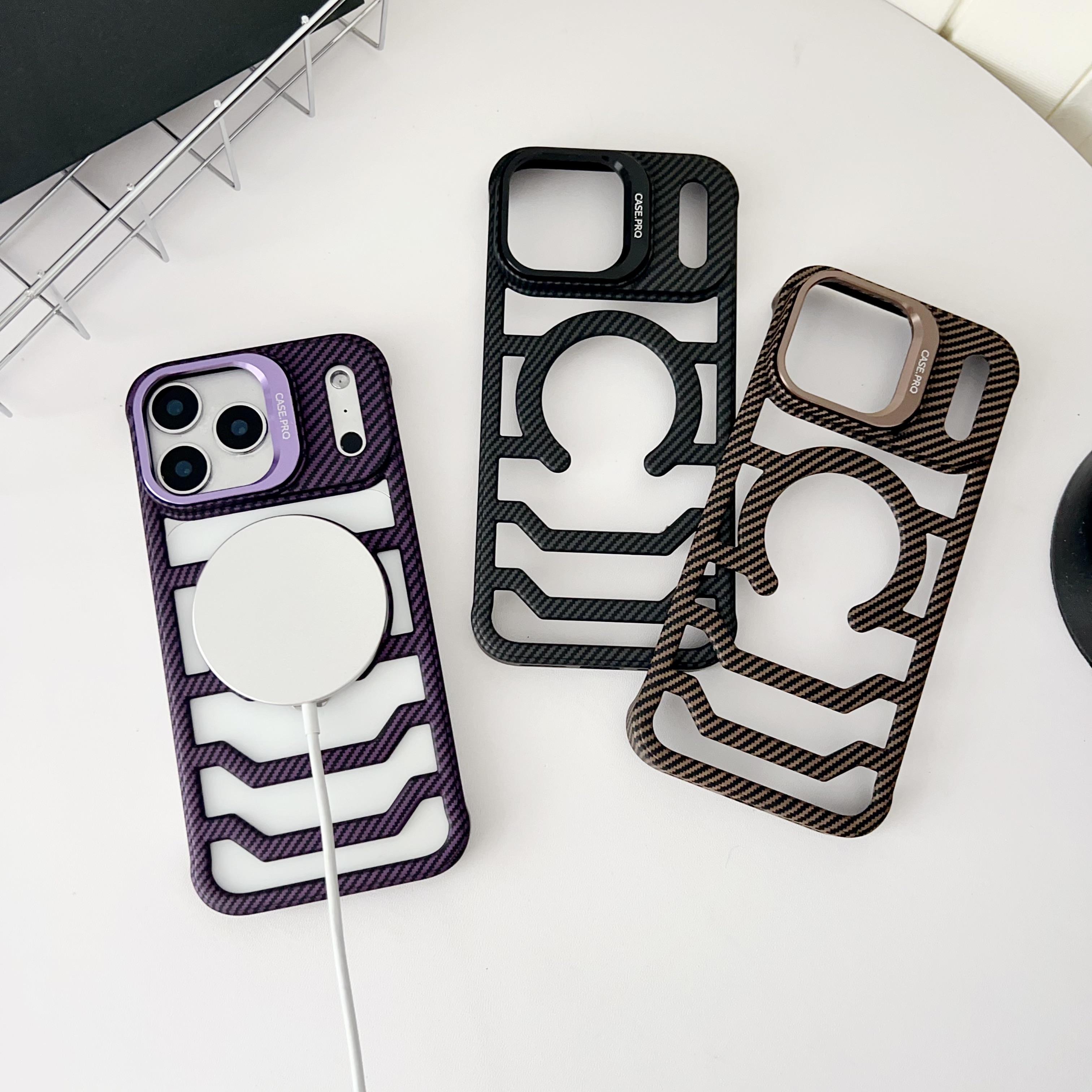 MagSafe Magnetic Carbon Fiber Texture Phone Case | Hollowed-Out Ventilated Cooling, Ultra-Thin Borderless Design with Hidden Lens Stand - Compatible with iPhone17ProMax/16Pro/15/14/13/12