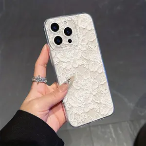 White lace pattern, drop-proof and non-slip TPU full-coverage transparent phone case for iPhone 17, 16, 15, 14, 13, 12, 11, XS, X series and other models. Makes a great gift for friends or family.