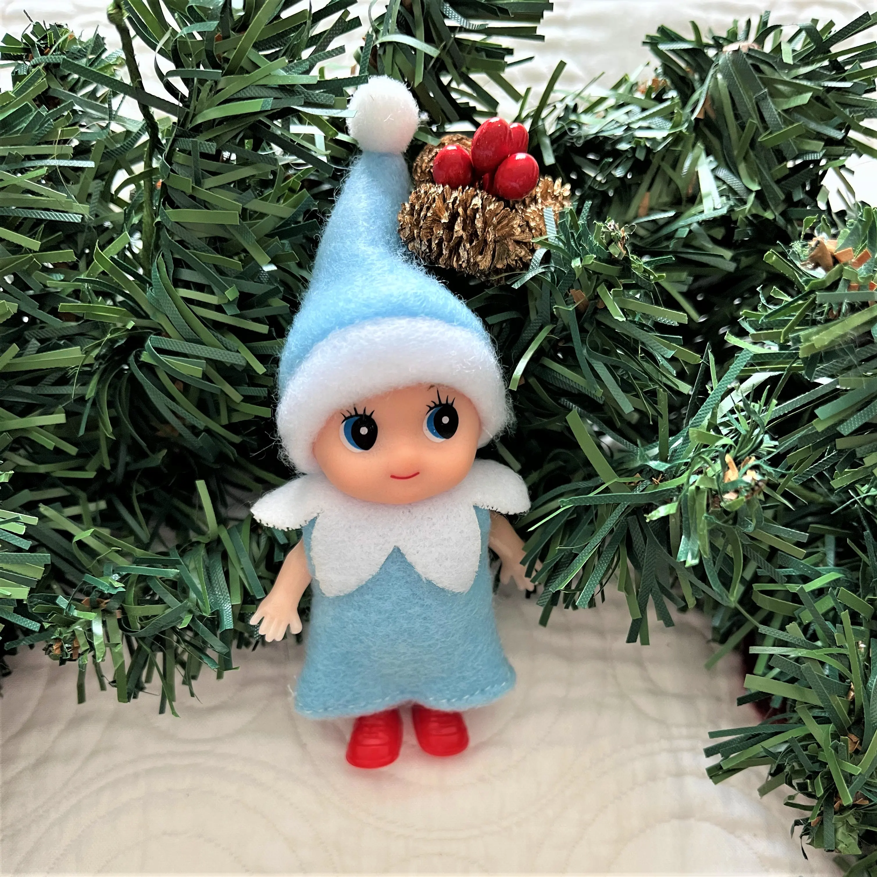 Blue Baby Elf Wearing a Dress, Blue Toddler Elf, Christmas Elf Figurine