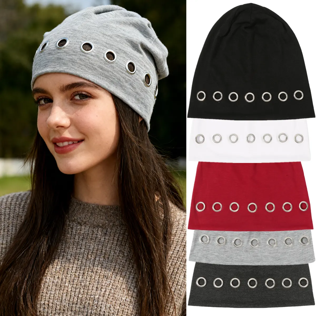 AWAYTR 1 Pack Hollow Out Metal Eyelets Elastic Hat Winter Soft Beanie Hats for Men Women Warm Cozy Knitted Cap Y2k Punk Girls Rock Stretchy Hat