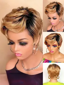 Human Hair Full Machine Made Wig, Short Ombre Blonde Pixie Cut, Natural Human Hair Wigs for Women, Short Curly Wig with Dark Roots