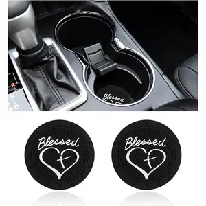 2PCS Car Cup Holder Coaster, 2.76 Inch Blessed Cross and Heart Christian Drink Mat, Soft PVC Non-Slip Shockproof Insert Cup Coaster for Women Girls, Interior Car Accessories (Black)