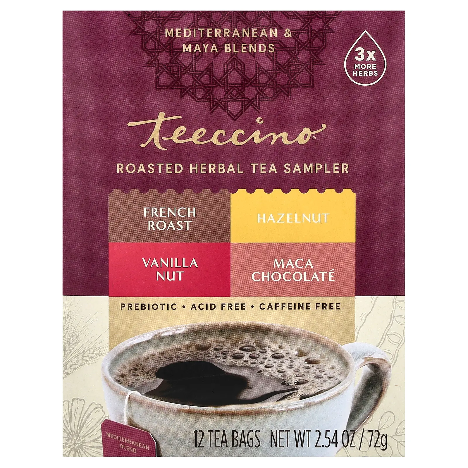 Teeccino Roasted Herbal Tea Sampler, 4 Flavors, Caffeine Free, 12 Tea Bags, 2.54 oz (72 g)