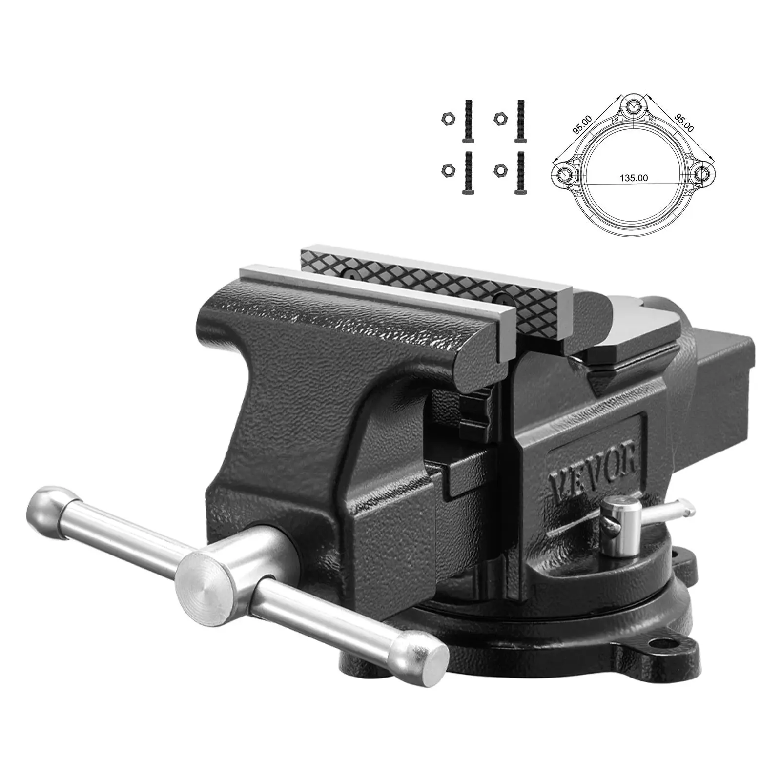 VEVOR Heavy Duty Ductile Iron Bench Vise - 4 in Jaw Width, 2.24 in Throat Depth, 4.7 in Max Jaw Opening, 2.17 in x 2.36 in Anvil, 360-degree Swivel Base, Rotating Handle, 60000 psi, User Manual Included, Ideal for Drilling, Pipe Cutting, Grinding, Larger