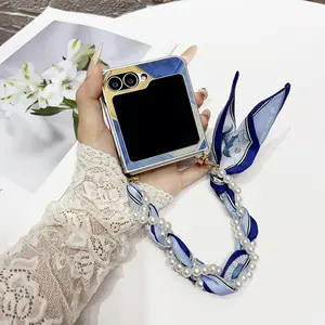 Vintage Colorblock Diamond Pattern Pearl Silk Phone Case with Lanyard Strap, Fits Samsung Galaxy Z Flip 7/6/5/4/3, Lightweight Luxury Design