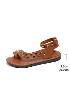 Women's Thick Sole Studded Open Toe Sandals, Casual Beach Slip-On Roman Strappy Flat Dress Sandals for All Seasons, Comfortable and Stylish Footwear