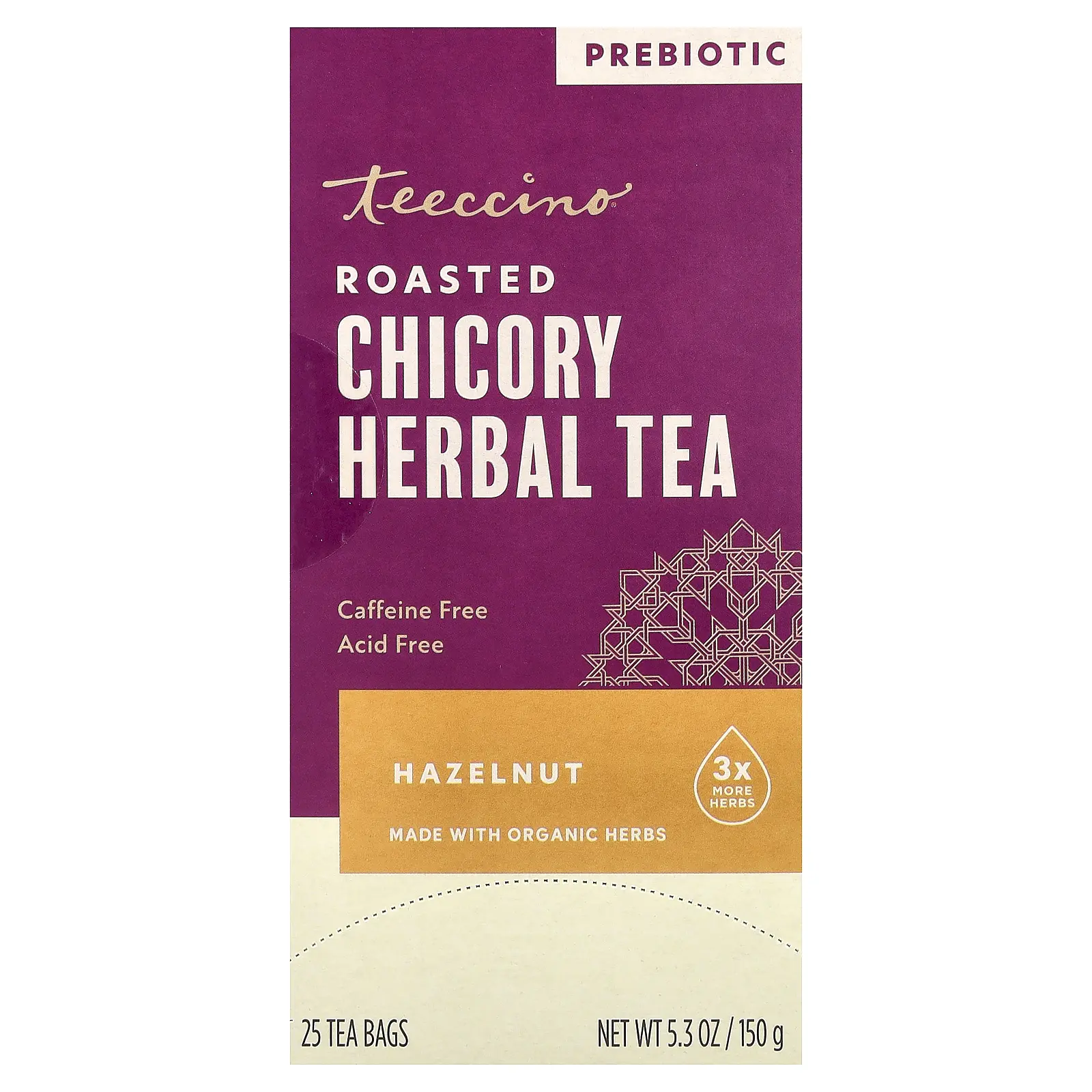 Teeccino Roasted Chicory Herbal Tea, Hazelnut, Caffeine Free, 25 Tea Bags, 5.3 oz (150 g)