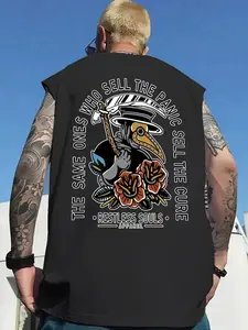 Men's Retro Round Neck Tank Top | Plague Doctor and "Restless Soul" Pattern Screen Printed Clothing, Loose Cut Design, Ideal for Streetwear, Punk Performances, and Summer, Durable Retro Printed for Dark Style Enthusiasts