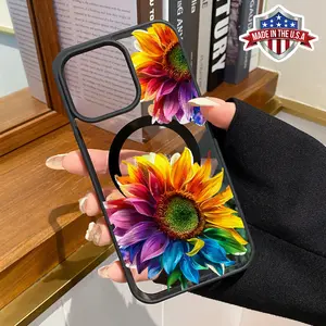 Trendy Gradient Sunflower Pattern Magnetic Phone Case Supports Wireless Charging for iPhone 15 16 14 Pro Max 13 12 11 XR XS Plus E Shockproof Non Slip Protection Silicone Transparent Acrylic Cover Cellphone Protective