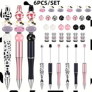Cute Cow Themed Beaded Ballpoint Pen Set, 6 Counts/set DIY Beaded Ballpoint Pen, Writing Pen for Office School Student, Gift for Friend, Beaded Pens