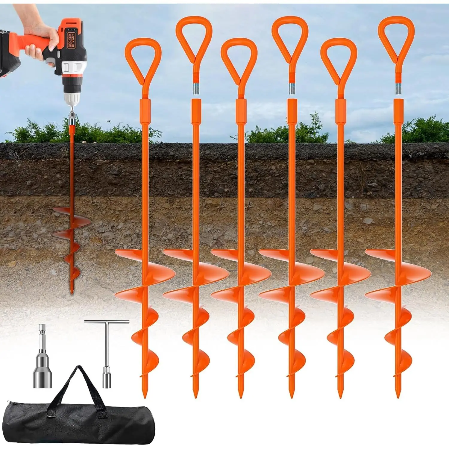 18''/30" Long Ground Anchor, Heavy Duty Earth Anchors Ground Anchors Screw in Kit with T-Handle Hex Wrench for Camping Tent, Swing Sets, Securing Animals, Sheds, Trampoline